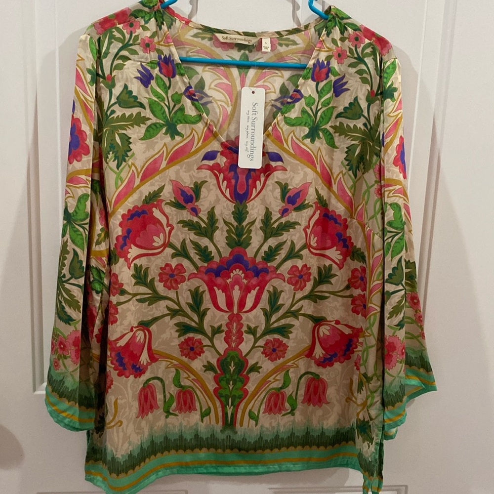 Soft Surroundings Sz L Tunic- Floral Pink Soft flows- Casual Artsy Boho NWT